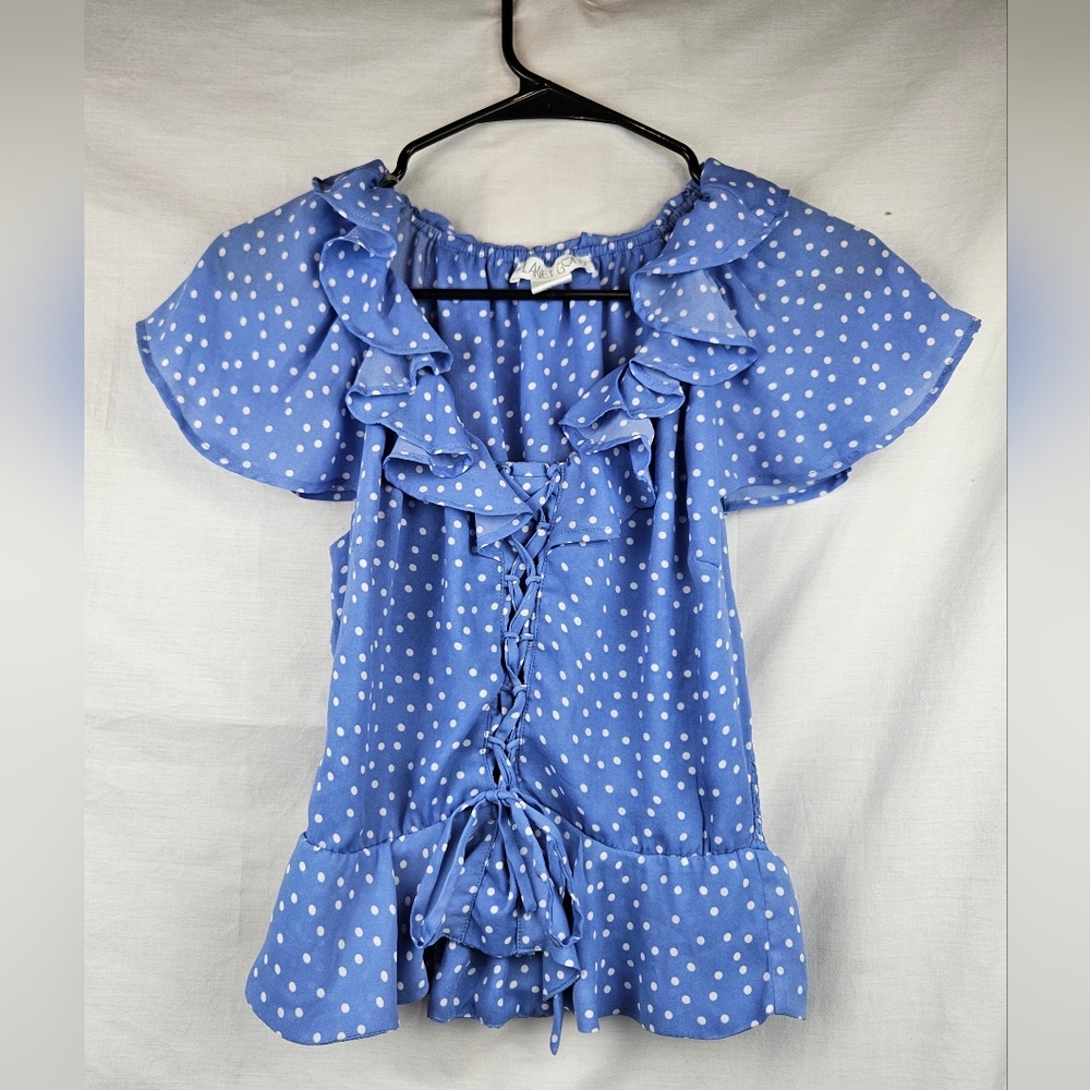 Planet Gold Blue & White Polka Dot Cropped Lace Up Front Blouse Med Coquette Y2k